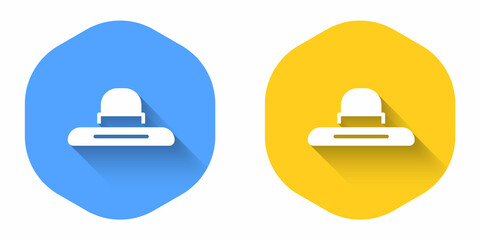 White Gardener, farmer or agricultural worker hat icon isolated with long shadow background. Circle button. Vector