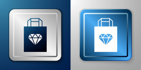 White Shopping bag jewelry icon isolated on blue and grey background. Silver and blue square button. Vector