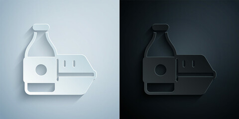 Paper cut Online ordering and fast food delivery icon isolated on grey and black background. Paper art style. Vector