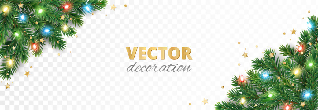 Christmas tree corner decoration isolated on white. Evergreen tree with colorful lights. Festive border, frame. Realistic vector. For holiday headers, banners, party posters.