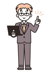 パソコンを持って、案内する若いスーツの男性のイラスト素材