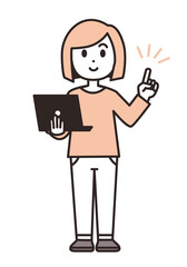 パソコンを持って、案内する女性のイラスト素材