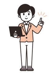 パソコンを持って、案内する若いスーツの女性のイラスト素材
