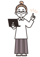 パソコンを持って、案内する女性のイラスト素材