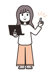 パソコンを持って、案内する女性のイラスト素材