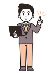 パソコンを持って、案内する若いスーツの男性のイラスト素材