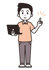 パソコンを持って、案内する男性のイラスト素材