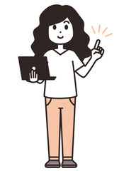 パソコンを持って、案内する女性のイラスト素材