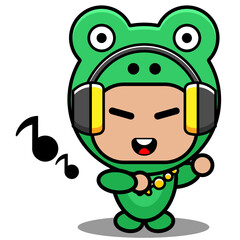 Vector cartoon character Mascot Costume amphibious animal cute frog listening to music