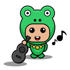 Vector cartoon character Mascot Costume amphibious animal cute frog holding guitar musical instrument