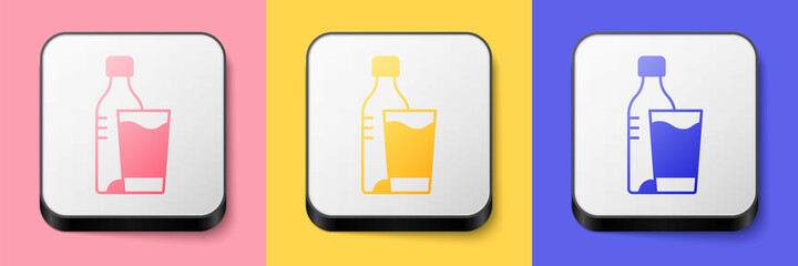 Isometric Bottle of water with glass icon isolated on pink, yellow and blue background. Soda aqua drink sign. Square button. Vector
