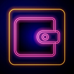 Glowing neon Wallet icon isolated on black background. Purse icon. Cash savings symbol. Vector