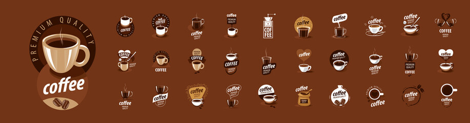 A set of vector Coffee logos on a brown background