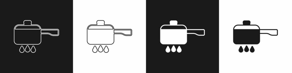 Set Cooking pot on fire icon isolated on black and white background. Boil or stew food symbol. Vector