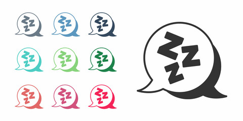 Black Sleepy icon isolated on white background. Sleepy zzz talk bubble. Set icons colorful. Vector