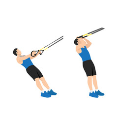 Man doing TRX Suspension strap bicep curls exercise. Flat vector illustration isolated on white background - obrazy, fototapety, plakaty