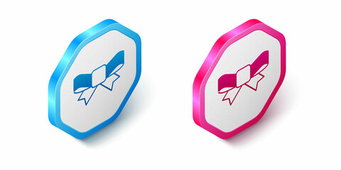 Isometric Gift bow icon isolated on white background. Hexagon button. Vector