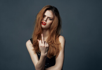 cheerful woman in a black dress fashion Lifestyle isolated background