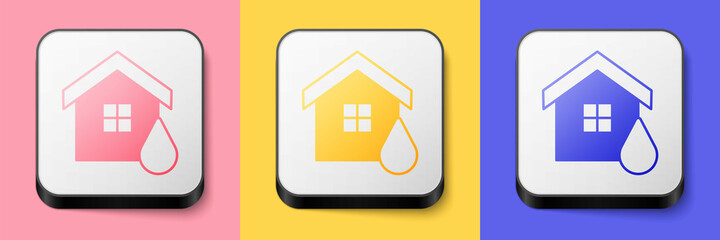 Isometric House flood icon isolated on pink, yellow and blue background. Home flooding under water. Insurance concept. Security, safety, protection, protect concept. Square button. Vector