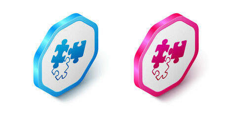 Isometric Puzzle pieces toy icon isolated on white background. Hexagon button. Vector