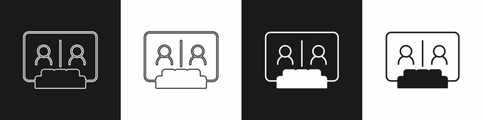 Set Video chat conference icon isolated on black and white background. Online meeting work form home. Remote project management. Vector