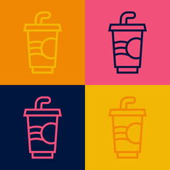 Pop art line Paper glass with drinking straw and water icon isolated on color background. Soda drink glass. Fresh cold beverage symbol. Vector