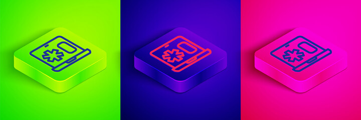 Isometric line Medical clinical record on laptop icon isolated on green, blue and pink background. Health insurance form. Medical check marks report. Square button. Vector