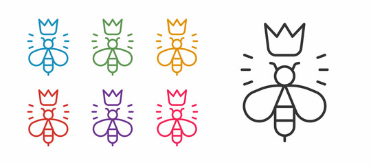 Set line Queen bee icon isolated on white background. Sweet natural food. Honeybee or apis with wings symbol. Flying insect. Set icons colorful. Vector