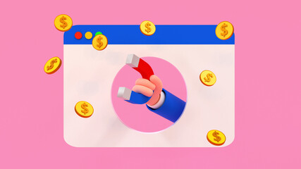 Website monetization concept. Golden coins around web browser and a human hand holding magnet.  3d render illustration.