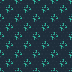 Green line Drying clothes icon isolated seamless pattern on blue background. Clean shirt. Wash clothes on a rope with clothespins. Clothing care and tidiness. Vector