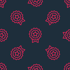 Red line Medal with star icon isolated seamless pattern on black background. Winner achievement sign. Award medal. Vector