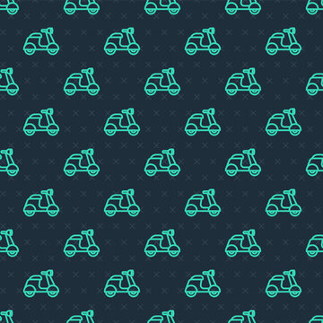 Green line Scooter icon isolated seamless pattern on blue background. Vector