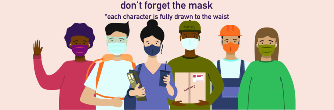 A group of people wearing medical masks to prevent illness, flu, and to protect themselves and those around them. Vector graphic in flat design