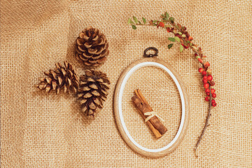 Autumn decoration cinnamon, embroidery ring and pine cones