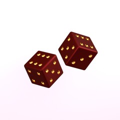 Two randomly rotated dark red dice with gold embossed dots. Isolated on white background. 3d render.