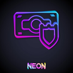 Glowing neon line Money with shield icon isolated on black background. Insurance concept. Security, safety, protection, protect concept. Vector