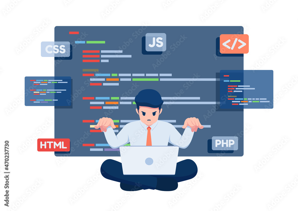 Poster isometric businessman as a programmer working on laptop to coding