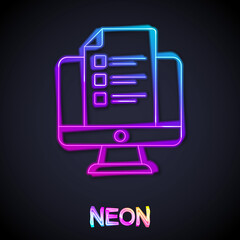 Glowing neon line Online quiz, test, survey or checklist icon isolated on black background. Exam list. E-education concept. Vector