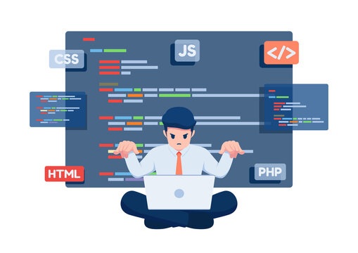 Isometric Businessman as a Programmer Working on Laptop to Coding