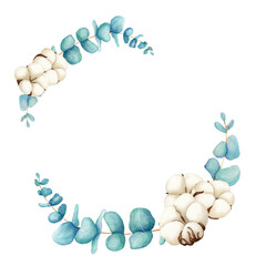 Watercolor floral wreath illustration eucalyptus and cotton. Hand drawn isolated on white background. Botanical art background. For wedding stationary, greetings, wallpapers, fashion, background