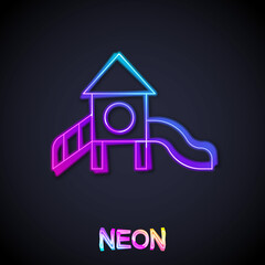 Glowing neon line Slide playground icon isolated on black background. Childrens slide. Vector