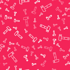 White line Hammer icon isolated seamless pattern on red background. Tool for repair. Vector