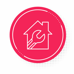 White line House or home with wrench spanner icon isolated on white background. Adjusting, service, setting, maintenance, repair, fixing. Red circle button. Vector