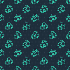 Green line Handcuffs icon isolated seamless pattern on blue background. Vector