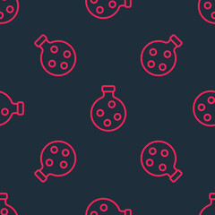 Red line Bottle with potion icon isolated seamless pattern on black background. Flask with magic potion. Happy Halloween party. Vector