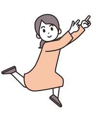ジャンプしながら、ななめ上を指さす若い女性のイラスト素材