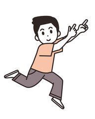 ジャンプしながら、ななめ上を指さす若い男性のイラスト素材