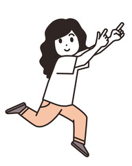 ジャンプしながら、ななめ上を指さす若い女性のイラスト素材