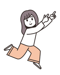ジャンプしながら、ななめ上を指さす若い女性のイラスト素材
