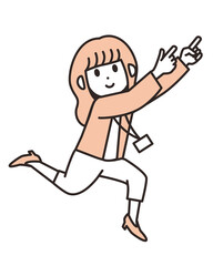 ジャンプしながら、ななめ上を指さす若い女性のイラスト素材